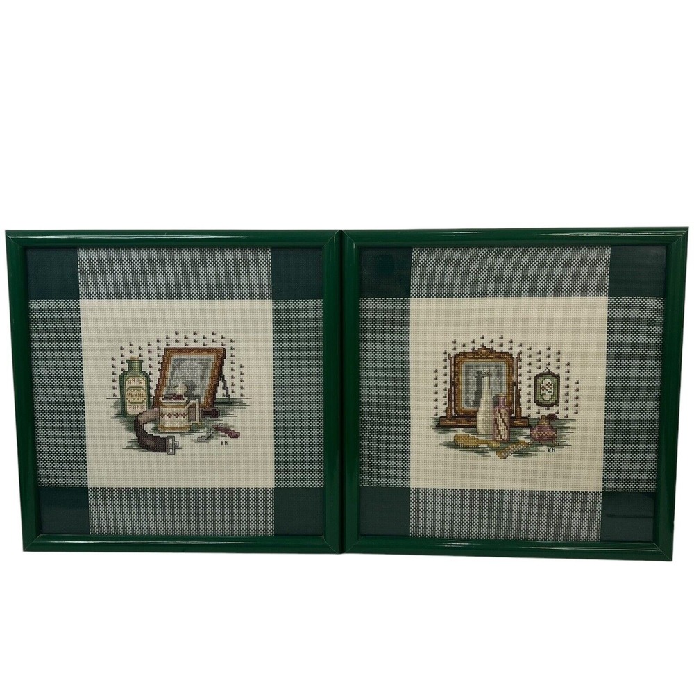 Vintage Cross Stitch Framed Bathroom His And Hers Set Of 2 Hunter Green